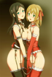 2girls :d arm_garter asymmetrical_docking bdsm black_garter_straps black_hair black_thighhighs blonde_hair blue_eyes blush bondage bound bound_together bow breast_press breastless_clothes breasts censored cleavage collar convenient_censoring corset elbow_gloves garter_belt garter_straps gloves green_eyes groin hair_bow hair_ornament hair_ribbon holding_hands hug kamimura_chika kamimura_haruka large_breasts leash lingerie linked_collar long_hair looking_back multiple_girls no_panties open_mouth red_thighhighs ribbon short_twintails siblings sideboob sisters sisters_~natsu_no_saigo_no_hi~ skull_and_crossbones skull_hair_ornament slave smile sutein symmetrical_docking thighhighs twintails underwear yuri rating:Questionable score:185 user:danbooru