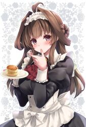  1girl absurdres alternate_costume apron ascot black_dress breasts brown_hair commentary_request double_bun doughnut_hair_bun dress enmaided floral_background hair_bun highres holding holding_plate kantai_collection kongou_(kancolle) large_breasts licking licking_finger long_hair maid maid_apron maid_headdress mashiro_yukiya plate puffy_sleeves purple_eyes red_ascot solo whipped_cream white_apron 