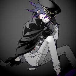  1202_koge 1boy arm_belt belt black_cape black_footwear black_gloves black_hair black_hat black_scarf buttons cape checkered_clothes checkered_scarf chromatic_aberration collared_cape colored_tips commentary danganronpa_(series) danganronpa_v3:_killing_harmony denim double-breasted evil_smile foot_out_of_frame gloves grey_background hair_between_eyes half_gloves hand_on_headwear hat high_collar jacket jeans long_sleeves looking_at_viewer male_focus multicolored_buttons multicolored_hair multiple_belts oma_kokichi open_belt open_mouth pants peaked_cap purple_eyes purple_hair scarf shoes short_hair simple_background smile solo symbol-only_commentary thigh_belt thigh_strap torn_clothes torn_jeans torn_pants torn_scarf two-tone_scarf vignetting white_belt white_jacket white_pants white_scarf 