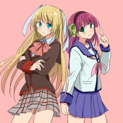 10s 2girls angel_beats! bad_id bad_pixiv_id blonde_hair blue_eyes blunt_bangs bow company_connection crossed_arms crossover domaro_yui eye_contact green_bow green_eyes hairband hand_up index_finger_raised key_(company) little_busters! long_hair looking_at_another multiple_girls pink_background plaid plaid_skirt pleated_skirt purple_hair sakurai_harumi school_uniform serafuku short_hair simple_background skirt smile standing tokido_saya twintails voice_actor_connection nakamura_yuri