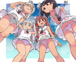  4girls arm_behind_back arm_up armpits arms_up black_hair blush bow bow_panties brown_eyes brown_hair chichibu_(watson) cloud fang finger_to_mouth from_below grecale_(kancolle) green_eyes kantai_collection libeccio_(kancolle) loli long_hair looking_at_viewer looking_down maestrale_(kancolle) miniskirt multiple_girls open_mouth outdoors panties pantyshot pink_panties polka_dot polka_dot_panties ribbon scirocco_(kancolle) shirt short_hair side_ponytail skirt sky sleeveless sleeveless_shirt smile striped_clothes striped_panties thighs twintails underwear upskirt v white_hair white_panties white_shirt white_skirt 