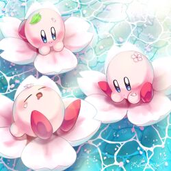 banana_(8771207) blue_eyes closed_eyes commentary_request drooling flower highres kirby kirby_(series) leaf lying multiple_persona nintendo on_back open_mouth petals sitting water 