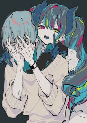  1boy 1girl aqua_hair beatmania beatmania_iidx bemani blue_hair claws constricted_pupils demon_girl demon_horns fangs futoumeido green_eyes hands_on_another&#039;s_shoulders hands_on_own_face highres horns long_hair looking_at_viewer mismatched_pupils multicolored_hair open_mouth pink_eyes simple_background smile streaked_hair sweat sweater watch white_sweater wristwatch 