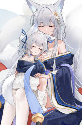  2girls absurdres animal_ear_fluff animal_ears azur_lane bare_shoulders blue_kimono blue_ribbon breasts cleavage closed_eyes facing_viewer feet_out_of_frame fingernails fox_ears fox_girl fox_tail grey_hair hair_ornament hair_ribbon hand_on_another&#039;s_back hand_on_another&#039;s_chest highres japanese_clothes kimono long_hair mole mole_under_eye multiple_girls multiple_tails off_shoulder qing_wu ribbon shinano-chan_(azur_lane) shinano_(azur_lane) sitting sitting_on_lap sitting_on_person skirt sleeping smile socks tail thighhighs twintails white_skirt white_socks white_thighhighs wide_sleeves 