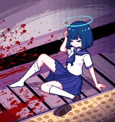  &gt;_&lt; 1girl angel aqua_eyes aqua_hair arm_support blood blood_splatter blue_choker blue_hair blue_neckerchief blue_sailor_collar blue_skirt blunt_bangs blunt_ends blush bob_cut breasts brown_footwear chibikki choker closed_eyes closed_mouth collarbone collared_shirt colored_inner_hair commentary dazed dithered_background dithering dot_mouth dress_shirt fallen_down full_body halo hand_on_own_head implied_death knee_up leaning_back loafers multicolored_hair nanako_(chibikki) neckerchief on_ground original pink_background pixel_art pleated_skirt railroad_tracks sailor_collar school_uniform serafuku shirt shoes short_hair simple_background single_loose_sock single_shoe sitting skirt small_breasts socks solo squeans subway subway_station symbol-only_commentary tactile_paving train_station_platform two-tone_hair unworn_shoe vignetting wariza white_shirt white_socks 