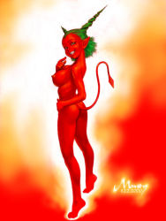  1girl ass barefoot breasts colored_skin demon_girl demon_tail fire green_hair hand_on_own_hip large_breasts monty po-ju red_skin smile solo standing tail tiptoes  rating:Questionable score:23 user:pureevil