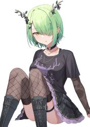  1girl antlers black_choker black_footwear black_shirt black_sleeves boots breasts ceres_fauna ceres_fauna_(goth) choker detached_sleeves fishnet_thighhighs fishnets floral_print_sleeves flower green_hair hair_flower hair_ornament hair_over_one_eye hairpin heart heart_choker highres hololive hololive_english horns jewelry large_breasts looking_at_viewer mole mole_under_eye necklace official_alternate_costume shirt short_hair solo thigh_strap thighhighs vakuuberi virtual_youtuber white_background yellow_eyes 