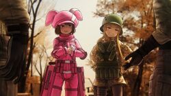  2girls absurdres blonde_hair brown_eyes brown_hair corp crossed_arms explosive forest fukaziroh_(sao) grenade hands_on_own_hips helmet highres light_smile llenn_(sao) magazine_(weapon) military military_uniform multiple_girls nature smug standing sword_art_online sword_art_online_alternative:_gun_gale_online uniform 