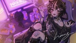  1girl artist_name bandaid bandaid_on_leg beer_can black_choker can character_request choker chopsticks cigarette computer drink_can hmng holding holding_phone looking_at_viewer microphone nail_polish phone sitting virtual_youtuber 