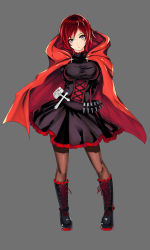  1girl alternate_breast_size ammunition ammunition_belt arms_behind_back artist_request bag belt black_dress black_hair black_skirt boots breasts brown_pantyhose cape cloak closed_mouth corset cross dress expressionless facing_viewer full_body gradient_hair grey_background grey_eyes head_tilt large_breasts long_sleeves looking_at_viewer multicolored_boots multicolored_clothes multicolored_dress multicolored_hair pantyhose red_cape red_cloak red_dress red_hair red_skirt ruby_rose rwby short_hair simple_background skirt solo standing two-tone_hair  rating:Sensitive score:19 user:823602149