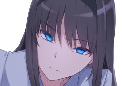  1girl absurdres black_hair black_hairband blue_eyes close-up closed_mouth commentary_request eyeliner frown hairband head_tilt highres kuro_chibe leaning_forward looking_at_viewer makeup portrait shirt sidelocks simple_background solo tohno_akiha tsukihime tsukihime_(remake) tsurime white_background white_shirt  rating:Sensitive score:14 user:danbooru