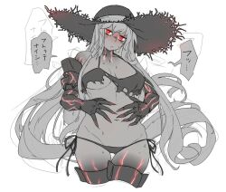 1girl abyssal_ship aircraft_carrier_princess aircraft_carrier_summer_princess bikini black_bikini black_hat boots breasts claws colored_skin cropped_legs gauntlets grey_skin hands_on_own_stomach hat kantai_collection large_breasts long_hair looking_at_viewer oso_(toolate) pale_skin parted_lips red_eyes side-tie_bikini_bottom simple_background skirt solo speech_bubble sweat swimsuit thigh_boots torn_bikini torn_clothes translated very_long_hair white_hair white_skirt