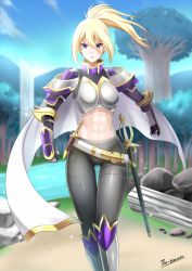 &gt;:( 1girl armor armored_boots belt blonde_hair blue_eyes blue_sky blurry blurry_background boots breastplate breasts cloak cloud cloudy_sky column day elf eyebrows eyelashes forest gauntlets grass greaves hair_between_eyes highres knee_boots knife knight leggings long_hair looking_at_viewer medium_breasts midriff muscular muscular_female nature original outdoors panties_under_leggings pantyhose parted_lips pillar plant pointy_ears ponytail ruins sand scabbard sheath signature simple_background sky solo standing stomach stone sunlight sword tarot teeth the-sinner the_sun_(tarot) torso tree v-shaped_eyebrows water weapon white_cloak rating:Sensitive score:28 user:danbooru