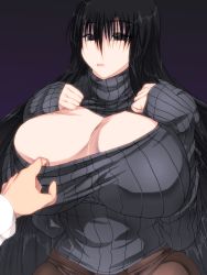  1girl bad_id bad_pixiv_id black_hair breasts_squeezed_together breasts cleavage cleavage_cutout cleavage_reach clothing_cutout huge_breasts jin-jin kuro_senpai_to_kuro_yashiki_no_yami_ni_mayowanai long_hair meme_attire open-chest_sweater open_chest_turtle_neck panties panties_under_pantyhose pantyhose pov ribbed_sweater senpai_(kuro_senpai) sweater turtleneck underwear youkou_(popokara) 