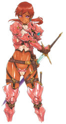  1girl armor armored_boots belt boots cropped_legs dark-skinned_female dark_skin earrings garter_straps gloves holding holding_sword holding_weapon jewelry long_hair navel pink_eyes ponytail red_hair sheath shiny_skin shirou_masamune simple_background smile solo sword the_third traditional_media water weapon white_background  rating:Sensitive score:45 user:danbooru