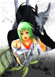  1girl :d ass bent_over blush female_focus from_above fuu_(naruto) green_hair hair_ornament hairclip highres looking_at_viewer naruto_(series) naruto_shippuuden open_mouth rad_(gggjjj) red_eyes smile solo standing tan  rating:Sensitive score:9 user:r3iak