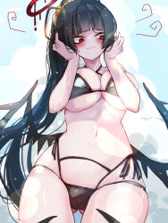  1girl antenna_hair bags_under_eyes bikini black_bikini black_hair black_wings blue_archive blush breasts gluteal_fold halo highres komena_(shinyday312) large_breasts long_hair melting_halo navel official_alternate_costume ponytail red_eyes red_halo side-tie_bikini_bottom solo stomach swimsuit tsurugi_(blue_archive) tsurugi_(swimsuit)_(blue_archive) very_long_hair wings 