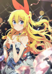 1girl blonde_hair blue_eyes blue_ribbon blurry blurry_background blurry_foreground bracelet breasts choker cleavage closed_mouth commentary dress fingers_together hair_between_eyes hair_ribbon highres jewelry kirisaki_chitoge light_particles light_rays lights long_hair looking_at_viewer nisekoi ogipote red_ribbon ribbon small_breasts solo strap_slip symbol-only_commentary white_dress rating:Sensitive score:14 user:danbooru