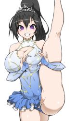  1girl ballerina black_hair breasts cleavage cleavage_cutout clothing_cutout curvy dress flexible frills gloves heart heart_hands highres large_breasts leg_hold leotard long_hair looking_at_viewer ohako ponytail purple_eyes skirt smile solo_focus standing thighs tiara  rating:Questionable score:57 user:RawMen69