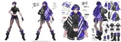  absurdres boots character_sheet commentary concept_art english_commentary full_body highres hood hood_down hood_up hooded_jacket jacket looking_at_viewer midriff mixed-language_commentary multicolored_clothes multicolored_jacket namco official_art pantyhose pantyhose_under_shorts purple_hair reina_(tekken) shimazaki_mari short_hair short_shorts shorts smile standing tekken tekken_8 