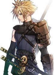  1boy absurdres blonde_hair cloud_strife cloud_strife_(murasame) elbow_gloves final_fantasy final_fantasy_vii final_fantasy_vii_ever_crisis gloves highres katana looking_at_viewer lukrevadraws male_focus official_alternate_costume ribbed_sweater sheath single_off_shoulder solo spiked_hair sweater sweater_vest sword weapon white_background  rating:Sensitive score:6 user:danbooru