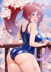  1girl ahoge ass blue_one-piece_swimsuit breasts cherry_blossoms dorachan_r hair_ribbon highres i-168_(kancolle) kantai_collection long_hair medium_breasts one-piece_swimsuit open_mouth ponytail red_eyes red_hair ribbon round_teeth school_swimsuit solo swimsuit teeth upper_teeth_only 