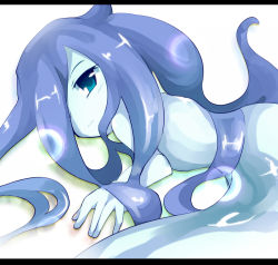  1girl aqua_eyes blue_hair blue_skin colored_skin hair_over_one_eye letterboxed long_hair looking_at_viewer mon-musu_quest! monster_girl one_eye_covered sidelocks slime_girl solo undine_(mon-musu_quest!) zamudelin 