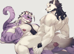  2boys abs animal_ears bara beard between_pecs between_pectorals commission completely_nude cum cum_string destroycode diamond_(shape) dog_boy erection eye_contact facial_hair feet_out_of_frame forked_eyebrows furry furry_male furry_with_furry goatee highres imminent_anal imminent_penetration large_pectorals long_hair looking_at_another male_focus male_pubic_hair multicolored_hair multiple_boys muscular muscular_male nipples nude original pecjob pectoral_squeeze pectorals penis ponytail precum pubic_hair purple_fur sadiend seductive_smile sitting sitting_on_lap sitting_on_person smile straddling streaked_hair thick_eyebrows thick_thighs thighs tiger_boy tiger_ears tongue tongue_out veins veiny_penis white_hair yaoi yellow_eyes  rating:Explicit score:8 user:danbooru