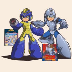  1boy adapted_costume alternate_costume arm_cannon armor blue_footwear blue_helmet bodysuit boots commentary english_commentary full_body green_eyes grey_armor grey_footwear grey_helmet highres mega_buster mega_man_(character) mega_man_(classic) mega_man_(series) mega_man_1 mega_man_2 multiple_views shoulder_armor simple_background souldroids weapon yellow_bodysuit 