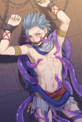  1boy arms_up ball_gag bdsm blue_eyes blue_hair blush bondage bound camus_(dq11) chain chained chain cuffs dragon_quest dragon_quest_xi earrings gag highres implied_anal jewelry male_focus mondi_hl navel nipples one_eye_closed rape restrained shackles topless_male solo spiked_hair tentacles tentacles_on_male torn_clothes  rating:Explicit score:44 user:danbooru