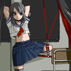  1girl arms_behind_back arms_behind_head arms_up bdsm black_hair bondage bound chair chiisan come_hither grey_eyes happy indoors looking_at_viewer lowres midriff navel pleated_skirt school_uniform serafuku short_sleeves skirt smile solo spread_legs standing standing_on_one_leg thighhighs twintails zettai_ryouiki  rating:Questionable score:28 user:danbooru