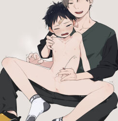  2boys 50off age_difference anus bandaid bandaid_on_face beige_background black_hair bottomless censored collarbone cum ejaculation erection handjob male_focus multiple_boys nude open_mouth original paid_reward_available penis shota spread_legs testicles yaoi 