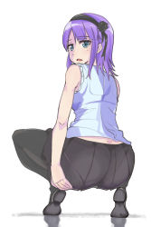 10s 1girl ass bad_id bad_pixiv_id bare_shoulders black_pantyhose blue_eyes dagashi_kashi flower from_behind hair_flower hair_ornament hair_ribbon hairband hand_on_own_ass looking_back mitche open_mouth pantyhose pantylines pleated_skirt purple_hair ribbon shidare_hotaru skirt solo squatting tiptoes rating:Sensitive score:40 user:danbooru