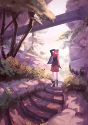  1girl absurdres black_footwear black_shirt blue_bow boots bow cape hair_bow highres long_sleeves nepperoni open_mouth outdoors pleated_skirt red_cape red_eyes red_hair red_skirt sekibanki shirt short_hair skirt solo stairs standing touhou tree 