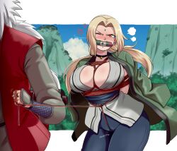  1girl anger_vein arms_behind_back bdsm blonde_hair blush bondage bouncing_breasts bound breasts cameltoe choker cleavage cleft_of_venus cloud cowboy_shot day drooling gag gagged highres improvised_gag issa_castagno jacket jiraiya_(naruto) large_breasts legs long_hair naruto naruto_(series) one_eye_closed orange_eyes outdoors restrained saliva shibari shibari_over_clothes sky standing thighs tsunade_(naruto) twintails  rating:Questionable score:42 user:Ynyswydryn