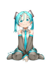  1girl absurdres aged_down alternate_hairstyle aqua_eyes aqua_hair arm_tattoo bare_shoulders black_skirt black_thighhighs blue_trim blush dated detached_sleeves earrings full_body hair_ornament hairclip hatsune_miku highres jewelry long_hair looking_at_viewer necktie shirt simple_background sitting skirt smile solo tattoo thighhighs tie_clip twintails vocaloid white_background yazato_ichimushi 