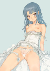  1girl absurdres alice_gear_aegis arm_support bare_shoulders blue_hair blush bow bow_panties branch_(blackrabbits) breasts clothes_down clothes_lift covered_erect_nipples dress dress_lift feet_out_of_frame grey_eyes highres light_blue_background long_hair looking_at_viewer nipples panties pussy see-through_panties simple_background sitting sketch small_breasts solo takanashi_rei thigh_strap underwear white_dress white_panties 
