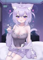  1girl :3 absurdres animal_ear_fluff animal_ears bed blurry blurry_background breasts camisole cat_cutout cat_ears cat_girl cat_tail cleavage clothing_cutout highres hololive indoors jacket kaisin_ao large_breasts long_hair long_sleeves looking_at_viewer medium_breasts medium_hair mimikaki nekomata_okayu nekomata_okayu_(membership) o-ring o-ring_thigh_strap off_shoulder official_alternate_costume onigirya_(nekomata_okayu) open_mouth purple_eyes purple_hair sitting sleeves_past_wrists smile solo spaghetti_strap tail thigh_strap two_side_up virtual_youtuber 