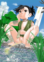 1girl barefoot black_hair blush bottomless brown_eyes censored cleft_of_venus dororo_(character) dororo_(tezuka) dutch_angle feet flat_chest from_below full_cleft grass loincloth loli mosaic_censoring nature omega_shibousan outdoors panties unworn_panties peeing pointless_censoring pussy sky solo spread_legs squatting thighs toes tree underwear water rating:Explicit score:36 user:little_pussy_pageant
