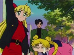  1boy 2girls angry animated anime_screenshot bishoujo_senshi_sailor_moon bishoujo_senshi_sailor_moon_supers blue_sleeves casual catfight chiba_mamoru chibi_usa city clenched_hands clenched_teeth competition cone_hair_bun day face-to-face from_behind hair_bun headbutt holding_another&#039;s_arm miniskirt multiple_girls pink_skirt running school_uniform screencap skirt socks tagme teeth toei_animation tsukino_usagi twintails video walking 