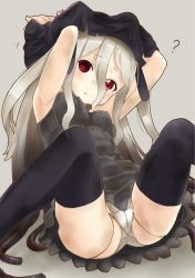 1girl ? armpits arms_up black_thighhighs blush breasts cable cameltoe cleft_of_venus doll_joints grey_hair joints long_hair looking_at_viewer original panties red_eyes simple_background small_breasts solo spread_legs thighhighs twintails ug_(nekonekodou) underwear very_long_hair white_panties rating:Questionable score:16 user:danbooru