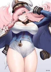  1girl blue_corset blue_eyes blush_stickers breasts brown_dust_2 cleavage corset dress eyebrows_hidden_by_hair feet_out_of_frame flower gloves hair_between_eyes hair_flower hair_ornament hat highres jacket jacket_on_shoulders kainines large_breasts long_hair looking_at_viewer looking_down military_hat military_jacket pink_hair salute signature simple_background solo sylvia_(brown_dust) thick_thighs thighs underboob very_long_hair white_background white_dress white_gloves 