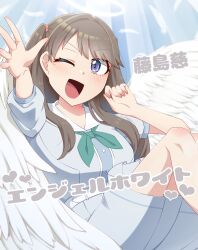  1girl ;d absurdres blue_background brown_hair character_name commentary dress falling_feathers feathers feet_out_of_frame fujishima_megumi green_neckerchief hasu_no_sora_school_uniform highres knees_up large_wings link!_like!_love_live! long_hair looking_at_viewer love_live! medium_dress neckerchief one_eye_closed open_hand open_mouth outstretched_arm pleated_dress purple_eyes sailor_collar sailor_dress school_uniform short_sleeves smile solo summer_uniform tetetsu_(yuns4877) two_side_up virtual_youtuber white_dress white_feathers white_sailor_collar white_wings wings 