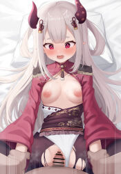  1boy 1girl bar_censor black_pantyhose blush breasts censored clothing_aside grey_hair hetero highres holding_another&#039;s_wrist horns long_hair looking_at_viewer lying male_pubic_hair missionary multicolored_hair naraka_(nijisanji) nijisanji nipples on_back open_mouth pantyhose penis pillow pointy_ears pov pubic_hair red_eyes sex small_breasts solo_focus sweat torn_clothes torn_pantyhose two-tone_hair underwear vaginal very_long_hair virtual_youtuber wide_sleeves yukamikayu  rating:Explicit score:71 user:danbooru