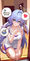  1girl absurdres apron bare_arms bare_shoulders blue_hair blush breasts cleavage collarbone commentary dark_0714 facial_mark green_eyes hair_intakes hand_up head_wings heart highres honkai:_star_rail honkai_(series) indoors long_hair looking_at_viewer nail_polish naked_apron pink_lips robin_(honkai:_star_rail) seiza shoes sitting smile solo spoken_heart thighs very_long_hair white_apron white_footwear white_nails wings 