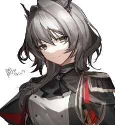  1girl aiguillette arknights black_capelet capelet closed_mouth epaulettes fringe_trim goma_74umai grey_eyes grey_hair hair_between_eyes hair_intakes highres horns jacket looking_at_viewer medium_hair military_jacket portrait sidelocks simple_background smile solo talulah_(arknights) talulah_the_fighter_(arknights) translation_request white_background 