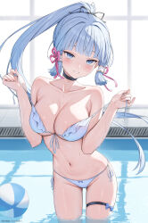  1girl absurdres alternate_costume ayaka_(genshin_impact) ball bare_shoulders bikini bikini_pull black_choker blue_bikini blue_eyes blue_hair blurry blurry_background breasts choker cleavage clothes_pull collarbone front-tie_bikini_top front-tie_top genshin_impact hair_tubes highres large_breasts light_blue_hair looking_at_viewer mole mole_under_eye navel partially_submerged patreon_username pink_ribbon ponytail pool pulled_by_self ribbon rosumerii sidelocks smile solo stomach swimsuit thigh_strap wet 