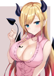 1girl aqua_eyes bare_arms bare_shoulders black_wings blonde_hair blush breasts center_frills cleavage closed_mouth collarbone collared_shirt demon_girl demon_horns demon_tail demon_wings frilled_shirt frills gradient_hair hand_up heart hololive horns large_breasts looking_at_viewer mikoto_paint multicolored_hair no_bra pointy_ears red_hair shirt sidelocks sleeveless sleeveless_shirt solo swept_bangs tail two-tone_background upper_body virtual_youtuber wings yuzuki_choco yuzuki_choco_(1st_costume) rating:Sensitive score:50 user:danbooru