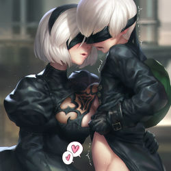  1boy 1girl 2b_(nier:automata) 9s_(nier:automata) ass_grab bacius backpack bag black_dress black_gloves black_hairband black_jacket black_shirt blindfold blurry blurry_background blush bottomless breast_on_chest breast_press breasts buckle buttons cleavage cleavage_cutout clothes_lift clothing_cutout covered_eyes depth_of_field dress drooling dust gloves grey_ribbon groin hairband hand_on_another&#039;s_back heart hetero highres implied_handjob jacket juliet_sleeves large_breasts long_sleeves mole mole_under_mouth navel nier:automata nier_(series) out-of-frame_censoring parted_lips pink_lips puffy_sleeves ribbed_dress ribbon-trimmed_dress ribbon_trim saliva samerupa sexually_suggestive shirt shirt_lift short_hair shota shoulder_bag standing stitches sweat teeth trembling twitching white_hair  rating:Questionable score:114 user:danbooru