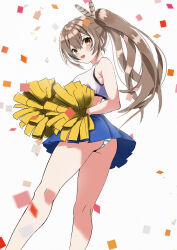  1girl absurdres alternate_costume blue_skirt brown_eyes brown_hair cheerleader commentary confetti crop_top crossed_bangs double-parted_bangs english_commentary feather_hair_ornament feathers hair_ornament highres holding holding_pom_poms hololive hololive_english jomizumi kneepits long_hair looking_at_viewer looking_back midriff multicolored_hair nanashi_mumei panties pleated_skirt pom_pom_(cheerleading) pom_poms ponytail sketch skirt smile solo streaked_hair striped_clothes striped_panties underwear upskirt very_long_hair virtual_youtuber 